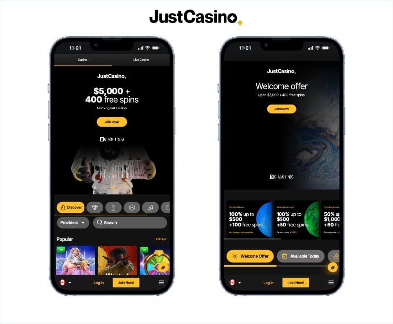 justcasino screenshots on mobile on a white background